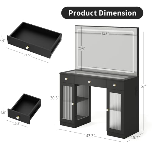Fkhouse Glass Top Makeup Vanity with Mirror and Lights, Crystal Knobs Vanity Desk with 3 Drawers and Charging Station, Adjustable Lighting Color Makeup Table, Black Fkhouse