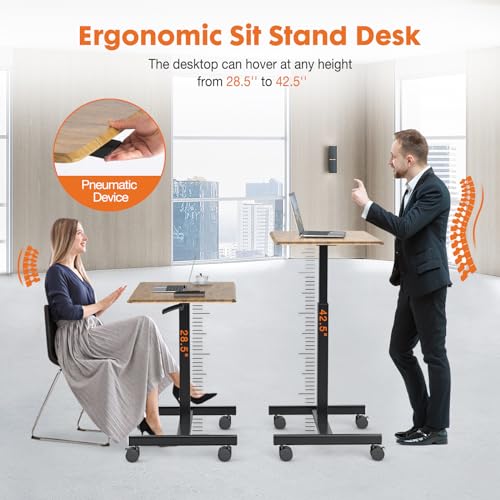 Sweetcrispy Small Mobile Standing Desk, Rolling Laptop Computer Carts, Portable Laptop Desk with Wheels, Adjustable Height Table for Home Office, Rust Brown Sweetcrispy