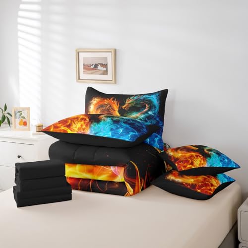 Feelyou Dragon Bedding Set 7 Piece Fire and Ice Dragon Couple King Comforter Set with Sheets for Kids Boys Girls Decor Wild Animal Bed in a Bag Safari Theme Bed Set Feelyou