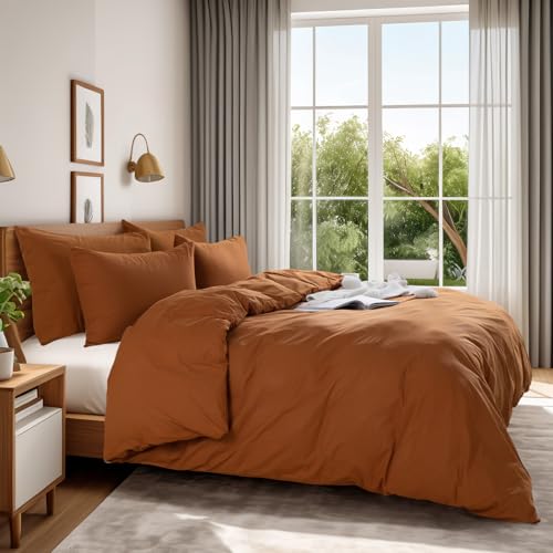 NEXHOME PRO Terracotta Burnt Orange Duvet Cover Set Queen Size Linen Textured Organic Natural 100% Washed Cotton Duvet Cover Caramel 3 Pieces Bedding Set with Zipper Closure Soft (No Comforter) NEXHOME PRO
