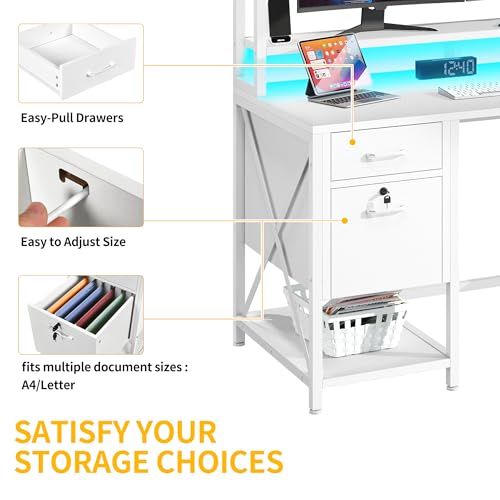 DWVO Computer Desk with Drawers & Hutch, 59.1" Office Desk with Power Outlets & LED Lights, Home Office Desk with Storage Shelves, White DWVO