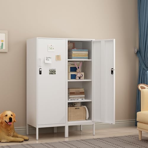 Steehoom Metal Cabinet with Lock Steel Storage Locker Lockable 4 Tier Bathroom Cabinet Changing Room Employee Locker for Home, Office, School, Gym, Garage (White, 15.75" D x 15.75" W x 49.21" H) Steehoom