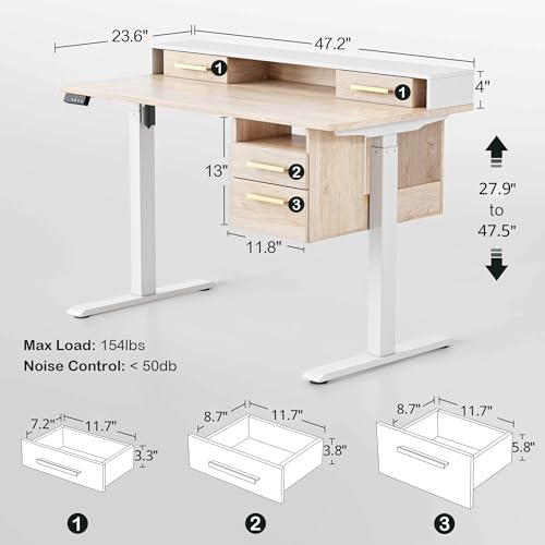 ModernMate Standing Desk with 4 Drawers, 47.2 x 23.6 Inch Whole Piece Height Adjustable Electric Sit Stand Desk, Computer Home Office Workstation with Open Storage Shelf, Light Walnut ModernMate