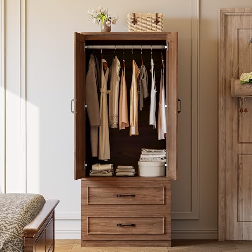 LIKIMIO Armoire Wardrobe Closet with 2 Doors and 2 Drawers 70" H x 28" W Wooden Bedroom Freestanding Wardrobe Combination for Hanging Clothes, Walnut LIKIMIO