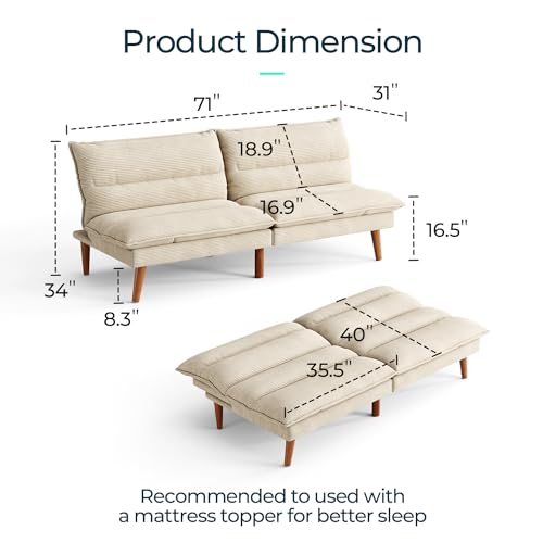 LINSY HOME Futon Sofa Bed - Convertible Corduroy Futon Couch Bed with Adjustable Backrest, Modern Small Loveseat Sleeper Sofa for Small Spaces, Living Room, Apartment or Office (Beige) LINSY HOME