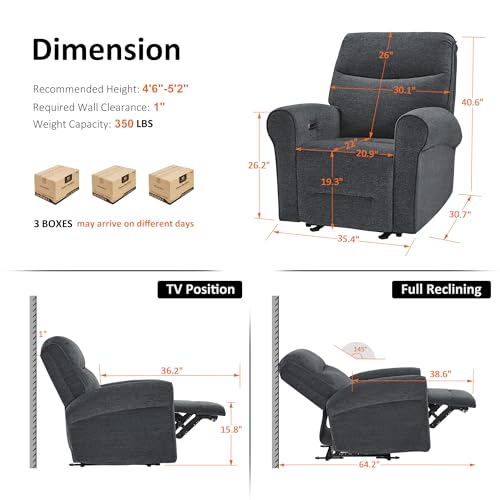 MCombo Compact Wall Hugger Power Recliner Chair for Small Spaces, Dual USB-A/C Ports, Rolled Arm Recliner for Living Room & RV, Fabric PR520 (Fabric, Dark Grey, Small)