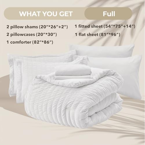 HYMOKEGE White Full Size Comforter Sets Seersucker 7 Pieces, All Season Luxury Bed in a Bag for Bedroom, Bedding Set with Comforters, Sheets, Pillowcases & Shams HYMOKEGE