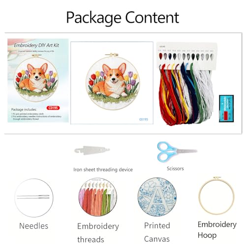 jinglinhh Embroidery Starter Kit Corgi Dog Tulip Flower for Adult Beginners, DIY Stamped Cross Stitch Kit Kit with Hoops, Threads & Embroidery Cloth, Needlework Craft Gift for Women