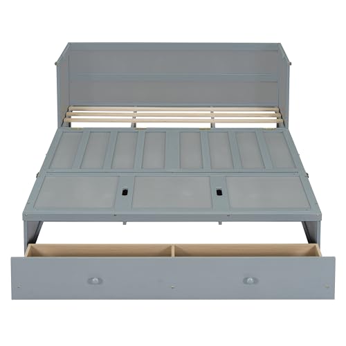 Harper & Bright Designs Queen Size Murphy Bed Cabinet, Solid Pine Wall Bed Chest with USB, Charging Station and Large Storage Drawer for Home Office or Small Room - Gray Harper & Bright Designs