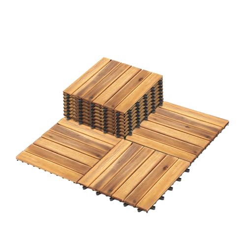 Interlocking Deck Tiles 12x12, Six Slats Waterproof Solid Wood Patio Tiles Flooring Tiles for Indoor and Outdoor Balcony Porch Backyard Garden Poolside All-Weather Use (1 Pack 10 Pieces) Fangflower