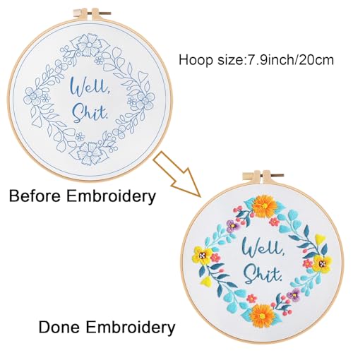 Louise Maelys Funny Embroidery Kit for Beginners,Adults Cross Stitch Kits with Flower Wreath Pattern,Needlepoint for Starters Including Cloth,Hoop,Instruction and Threads