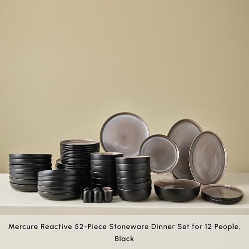 Karaca Mercure 59 Piece Stoneware Plates and Bowls Set, Reactive Glaze Black Dinner Set, Complete Kitchen Tableware Collection, Ideal Dinnerware for 12 People Dining Experience, Dishwasher Safe KARACA