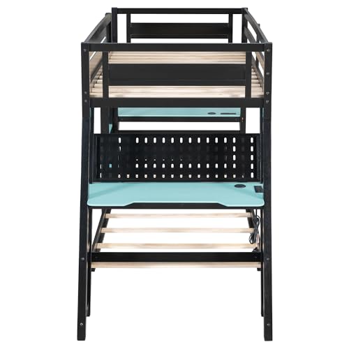SOFTSEA Gaming Bunk Bed with Desk, Storage, Pegboard & Charging Station, Twin Over Twin Wood Bunk Bed with 2 Desks for Kids Teens & Adults, Space Saving, Black & Blue SOFTSEA