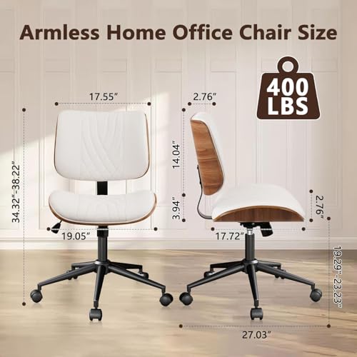 CLATINA Armless Home Office Chair, Desk Chair with Wheels, Adjustable Height Reading Chair, Leather Mid Back & Swivel Computer Chair, Modern Walnut Chairs with Back for Studio Meeting Room(White) CLATINA