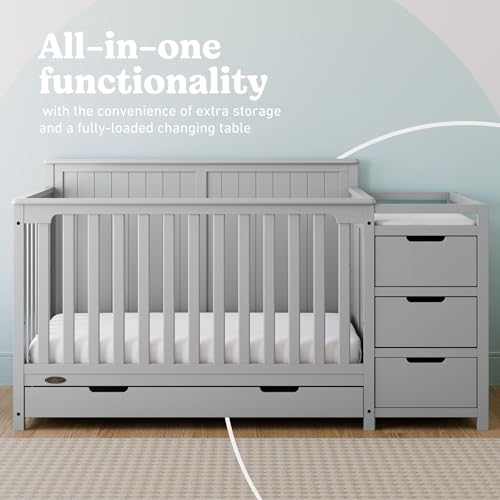 Graco Hadley 5-in-1 Convertible Crib & Changer – GREENGUARD Gold Certified, Fits Standard Crib Mattress, Converts to Toddler Bed and Full Bed, 4 Adjustable Mattress Heights (Pebble Gray)