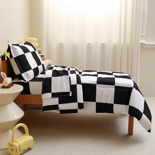 Caressma Checkered Toddler Bedding Set, Classic Black and White Plaid Bed Set, Fluffy Grid Buffalo Plaid 4 Pieces Kids Comforter Bed Set with Comforter, Fitted Sheet, Flat Sheet, Pillowsham Caressma