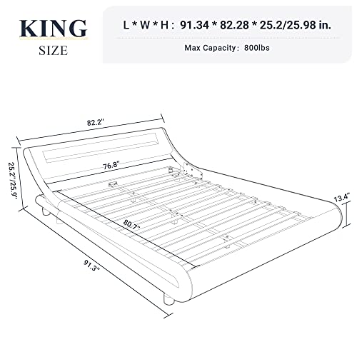 Allewie King Size LED Faux Leather Platform Bed Frame with Adjustable Headboard - No Box Spring Required Allewie