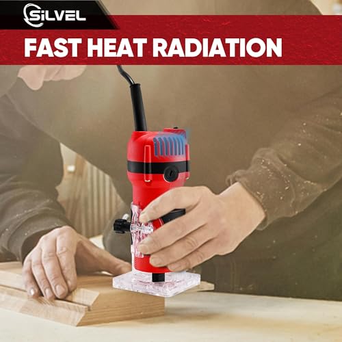 SILVEL Wood Router, 800W Wood Routers for Woodworking, 6.5Amp 1.25HP Hand Wood Router Tool, 30000R/MIN Compact Edge Trimmer with 15 1/4" Router Bit Set, Red SILVEL