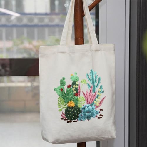 KABAKE Canvas Tote Bag Embroidery Kit for Beginners, Arts and DIY Crafts Starter Kit, Includes Stamped Bag, Threads, Tools (Beige With Cactus)