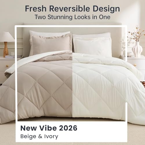 JOLLYVOGUE King Size Comforter Set, Soft Reversible Bedding for All Seasons, 3 Pieces Down Alternative Bed Set Includes 1 Lightweight Comforter (104"x90") and 2 Pillow Shams (20"x36"), Beige & Ivory JOLLYVOGUE