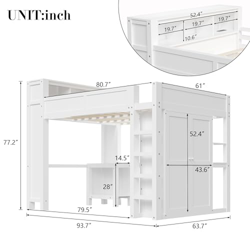 CKLMMC Wooden Queen Loft Bed with Desk, Headboard with Storage and USB, Space-Saving Modern Design for Small Rooms (White-Q1) CKLMMC