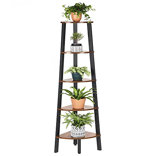 VASAGLE Industrial Bookcase, 5-Tier Corner Shelf, Plant Stand Wood Look Accent Furniture with Metal Frame for Home and Office ULLS35X, 12.8 x 13.4 x 62.6 Inches, Rustic Brown VASAGLE
