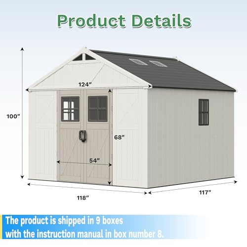 Greesum 10×10 FT Plastic Outdoor Storage Shed with Floor and Lockable Door, Resin Sheds with Windows and Skylights, Weather Resistant Organization for Garden, Lawn, Pool Supplies, Beige Greesum