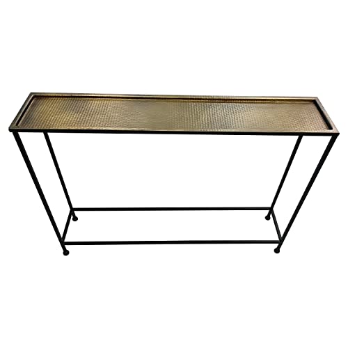 The Urban Port Aurelia 48-Inch Console Sofa Table, Artisanal Hammered Antique Bronze Tray Top, Industrial Black Iron Frame The Urban Port