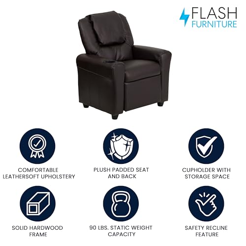 Flash Furniture Vana LeatherSoft Kids Recliner with Cup Holder, Headrest, and Safety Recline, Contemporary Reclining Chair for Kids, Supports up to 90 lbs., Brown