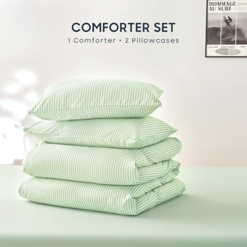 Wake In Cloud - Striped Comforter Set, Ticking Stripe Vertical Pinstripe Neutral Farmhouse Pattern Printed, Soft Lightweight Bedding, 3 Pieces, Sage Green, Twin/Twin XL Size Wake In Cloud