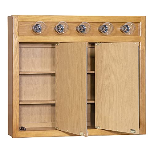 Design House 530618-NOK Richland Medicine 5-Light Solid Wood Frame Bathroom Cabinet with Mirrored Doors, 36-Inch, Nutmeg Oak Finish Design House