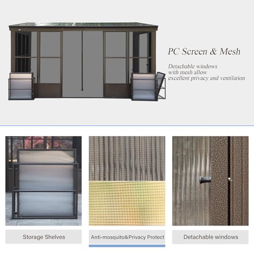 Domi 12x14FT Wall Mounted Sunroom Gazebo, Aluminum Enclosed Gazebo with 2 Lockable Sliding Doors,Sloping Polycarbonate Roof&Moveable PVC Screen, Outdoor Sun Room Lean to Gazebo for Deck Patio domi outdoor living