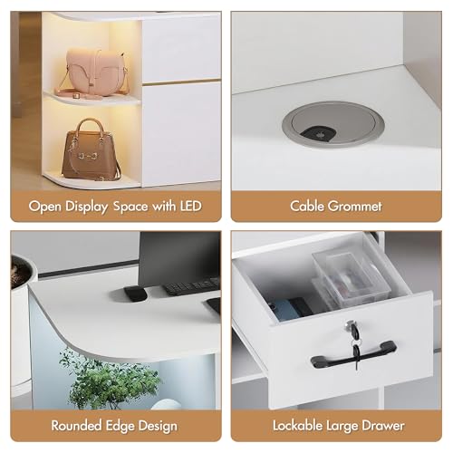 Kikihouse Modern Reception Desk & DIY Metal Strips, Front Desk with LED Light and Hidden Power Outlet, Reception Counter Table for Checkout, Office, Lobby, Nail Salon Spa (White) Kikihouse