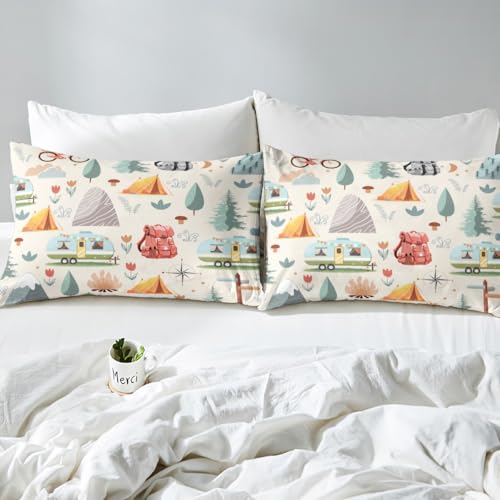 Erosebridal Summer Camp Camper King Bed Sheets for Kids Child Camping Adventure Bedding Set for Boys Girls Bedroom Travel Car Rv Accessories Sheet Set Botanical Flowers Mountain Top Sheet,4 Pcs Erosebridal