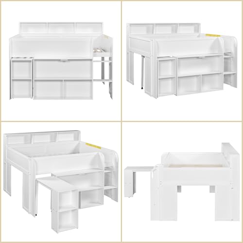Merax Low Loft Bed with Pull-Out Desk, Full Size Loft Bed with 8 Storage Shelves and Lights, Wooden Kids Loft Bed with Safety Guardrail, Under-Bed Play Space, No Box Spring Needed, Noise-Free, White Merax