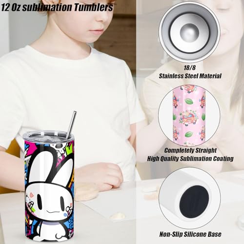 Draheri 12 Oz Sublimation Tumblers Blanks Bulk, Sublimation Cups for Kid with Straw and Brush, Stainless Steel Double Wall Insulated Sublimation Mugs, Individually Boxed (8 Pack) Draheri