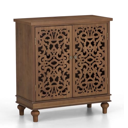 Sophia & William Accent Cabinet with Doors, Distressed Storage Cabinet with Wood Frame and Hollow-Carved Floral Doors for Entryway Living Room, Wood Sophia & William