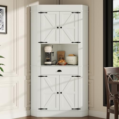 Corner Cabinet with Charging Station,73"Tall Kitchen Pantry Storage Cabinet with Drawer,Freestanding Kitchen Pantry Cabinets with Doors and Shelves,Farmhouse Food Hutch for Dining Room,Kitchens(White) Gyfimoie