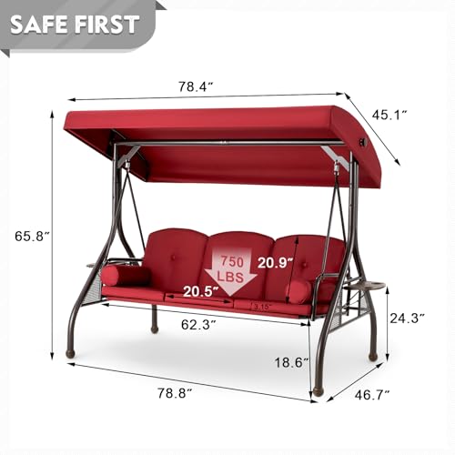 HOMREST 3 Seat Outdoor Porch Swing with Adjustable Canopy, Convertible Patio Swing Bed with Stand, Patio Glider Swing with Upgraded Cup Holder, Thicken Cushions & Pillow for Backyard (Wine Red) HOMREST