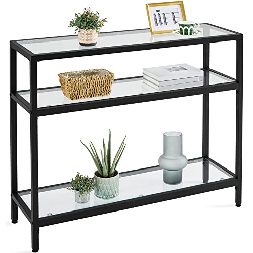 Yaheetech 39.5" Console Table with 3 Storage Shelves,Tempered Glass Sofa Table, Modern Entryway Tables with Metal Frame for Hallway Living Room Bedroom, Easy Assembly, Black Yaheetech