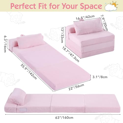 Givjoy Foldable Floor Mattress with Pillow for Kids, Toddler Washable Tri Folding Floor Nap Mat for Sleeping Daycare, Child Trifold Futon Sofa Bed with Storage Bag for Playroom Girls and Boys, Pink Givjoy