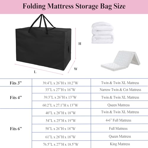Andacar Folding Mattress Storage Bag - Andacar 63 inch Foldable Mattress Carry Case Fits for Tri-Fold Up to 6 inch Queen Mattress Waterproof Cushion Storage Bag - 61"L×28"W×18"H, Black, Cover Only Andacar