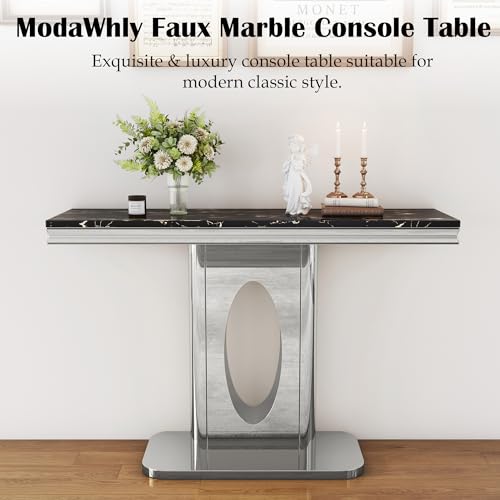 ModaWhly 47 Inch Console Table with Black Rectangular Faux Marble Top, Modern Sofa Entryway Table with Silver Stainless Steel Base for Living Room, Hallway, Entrance ModaWhly