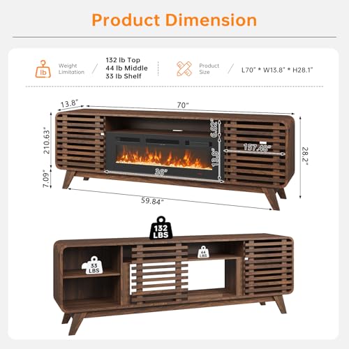 Breezestival 36" Electric Fireplace TV Stand for 80" TVs, Mid Century Modern Walnut Console with LED Lights & Sliding Doors Breezestival