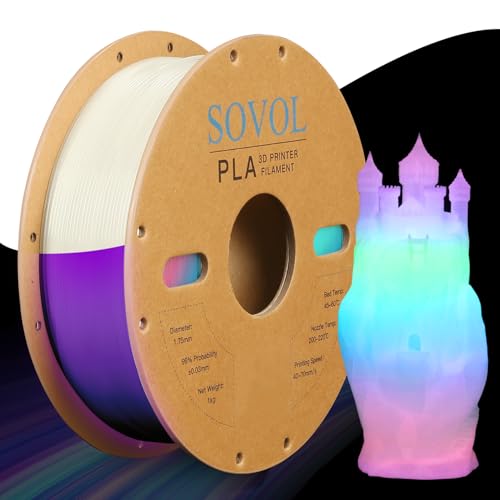 Sovol 3D Printer Glow in The Dark Filament Multicolor Fast Change PLA 1kg (2.2 lbs) Spool 3D Printing Materials, Dimensional Accuracy +/- 0.03 mm, 1.75 mm, Glow Multicolored Sovol