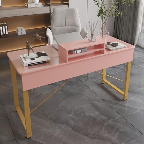 WESTREE Vanity Desk with 2 Drawers and Storage Shelf, Modern Makeup Table with Glossy Desktop, Gold Metal Frame Writing Desk for Bedroom or Home Office, No Mirror WESTREE