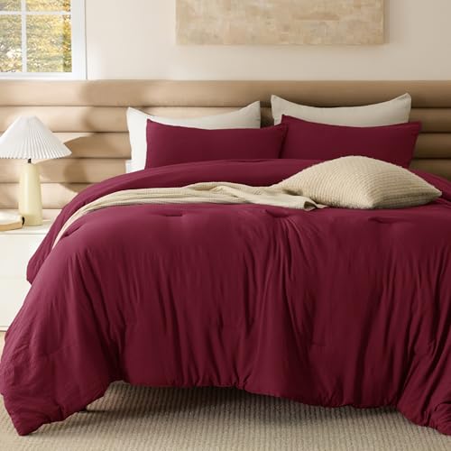 Bedsure Full Comforter Set, Dark Red Soft Prewashed Bedding for All Seasons, 3 Pieces GentleSoft™ Bed Set, 1 Lightweight Comforter (82"x86") and 2 Pillowcases (20"x26") Bedsure
