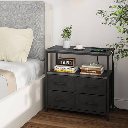 TUTOTAK Large Night Stand with Charging Station, Nightstand with USB and Type-C Port, Bedside Table with Cloth Drawers, End Table for Livingroom, Bedroom, Charcoal Grey TB01BY081 TUTOTAK