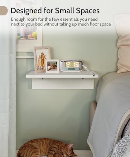 Mazjoaru White Floating Nightstand 16inch, Modern Natural Pine Wood Night Stand Floating Wall Shelves with Phone Slot, Cord Holes, Small Narrow Nightstands Bedside Tables for Bedroom Dorm Bedside Mazjoaru