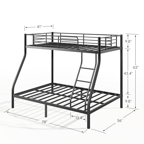 Metal Bunk Bed Twin Over Full Size, Heavy Duty Bunk Bedframe with Safety Guard & Ladder, Space-Saving, No Box Spring Needed, BunkBed Frame for Aldults Dorm Bedroom Guest Room (Black, Twin Over Full) OUEEEDD